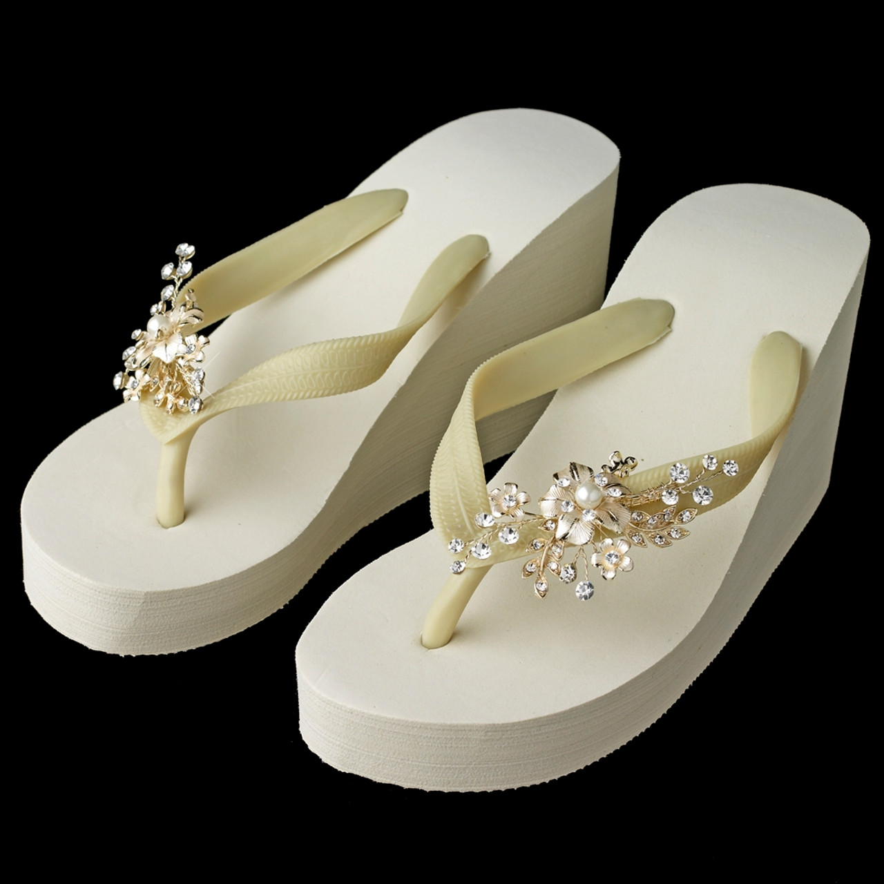 Pearl Floral Light Gold Vine High Wedge Flip Flops