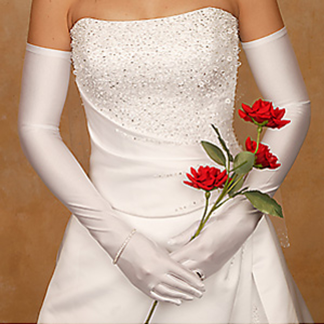 Bride wearing a white silk wedding dress with long gloves and long hair on  Craiyon