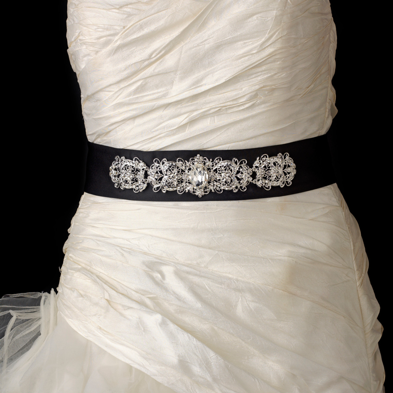 RHS-TRM-1801-BLACKBLACK. Exquisite Black Crystals and Black Beads Trim For  Bridal Sash - Hot Fix or Sew On - 2.25 Inch