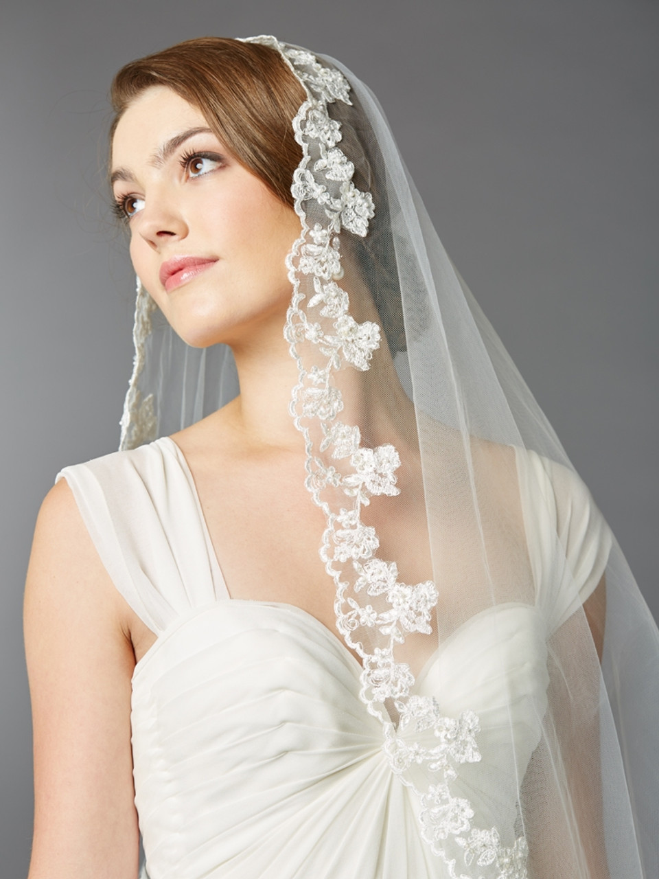 One Blushing Bride Thin Scalloped Lace Chapel or Cathedral Wedding Veil White / Chapel 90 Inches / Without Beading