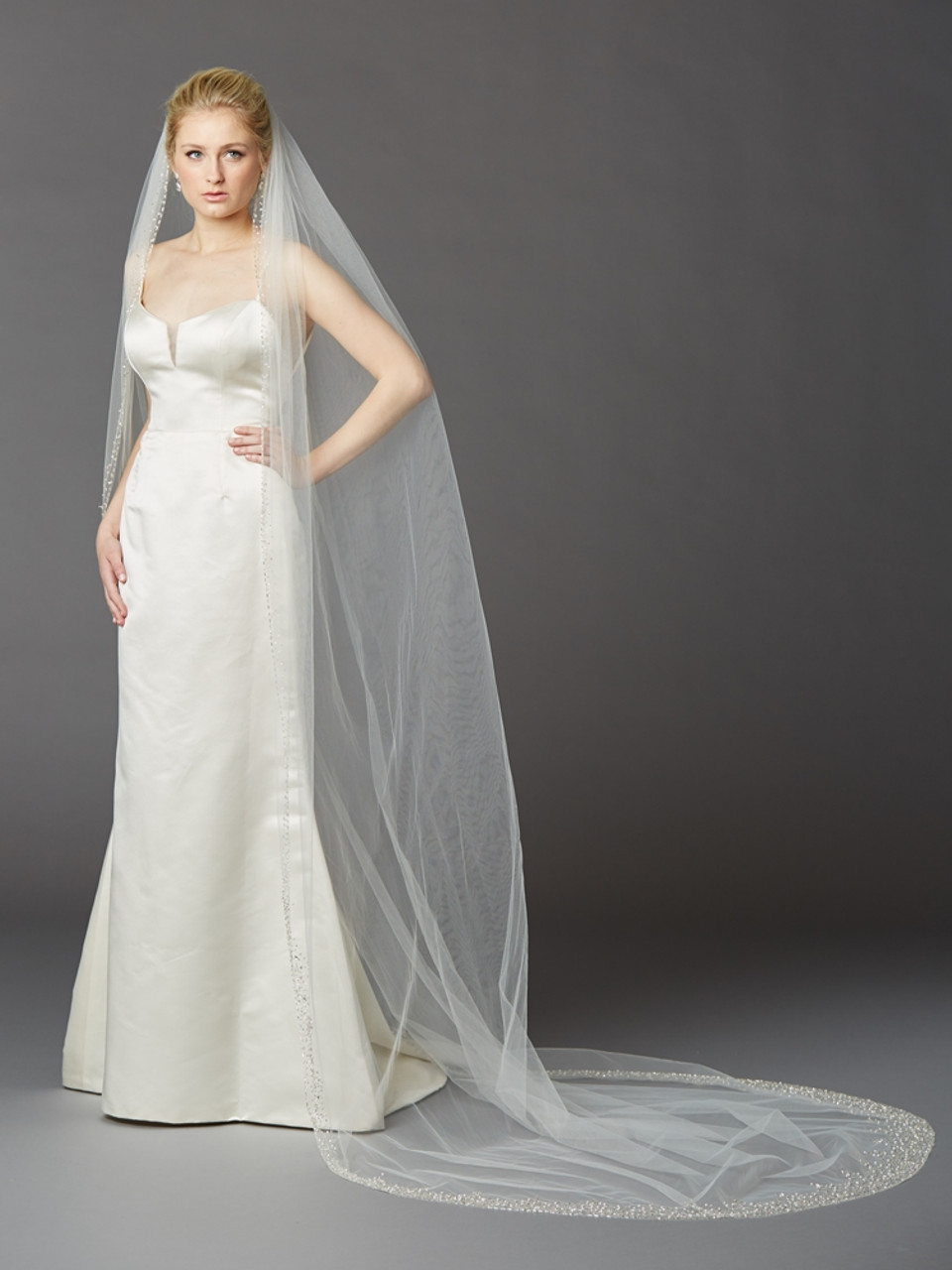 One Blushing Bride Pearl Cathedral Length Wedding Veil with Scattered Beading Off White/ Diamond / 2 Layer Veil