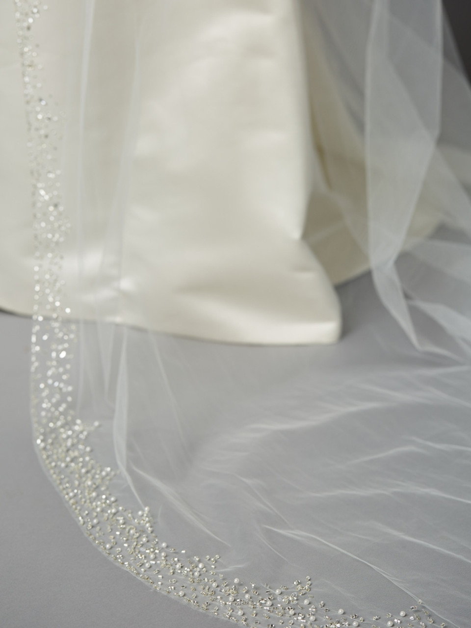 Frosted Beaded Cathedral Veil Rice Pearls, Crystals, Bugle Beads - Fast Ship