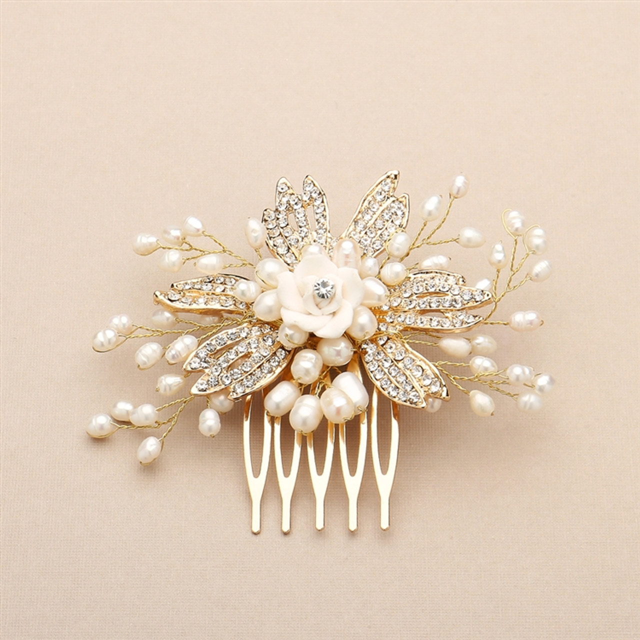 Golden Freshwater Pearl Wedding Comb with Pave Crystals and Delicate Flower 4428HC-I-G