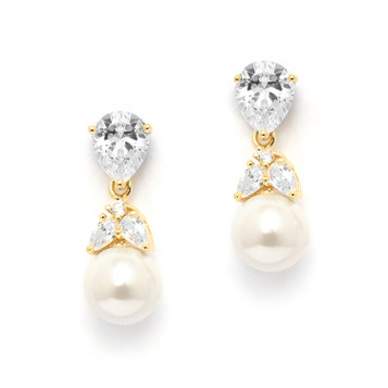 Mariell Gold CZ Bridal Earrings with Pears and Pearl Drops 4490E-I-G