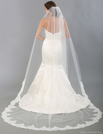 Bel Aire Wedding Veils V7415C - 2-tier foldover veil (elbow + cathedral)  with folded ribbon edge.
