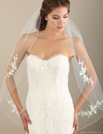 Bel Aire Bridal Veils V7310- Rolled Edge Alençon Lace Appliqués -  Quick Ship White 
