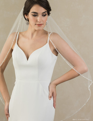 Bel Aire Bridal Veils V7385 -  1-tier fingertip veil with silver beads - Fast Ship Ivory