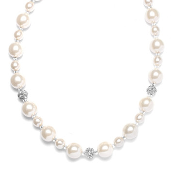 Mariells Pearl Wedding Necklace with Rhinestone Fireballs 878N
