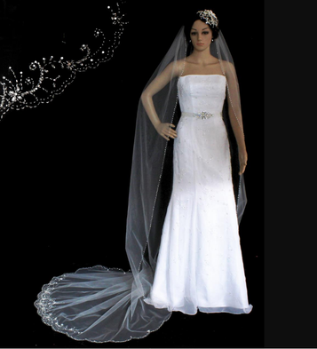 Scallop Cathedral Veil with Beads, Bugles and Sequins - 108x72 - Style 3128C