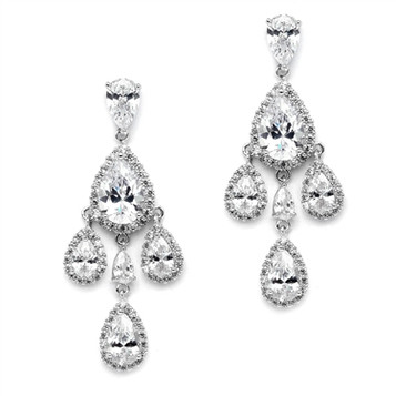 Mariell Petite Clip On CZ Chandelier Earrings with Platinum Pear-Shaped Halo Teardrops 4555EC-S