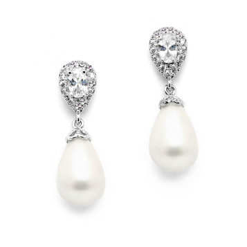 Mariell CZ Pear Bridal Earrings with Bold Soft Cream Pearl Drops 4516E-I-S