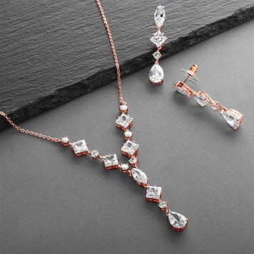 Mariell Glamorous Rose Gold Mixed Cubic Zirconia Wedding Necklace & Earrings Set 3564S-RG