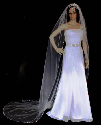 Noelle & Ava Collection -  120 Inches - Stylish Cathedral Veil With Alternating Swarovski Crystals And Bugle Bead Leaves Adorned Along Shiny Bead Waves, With Rhinestone Accents - Royal