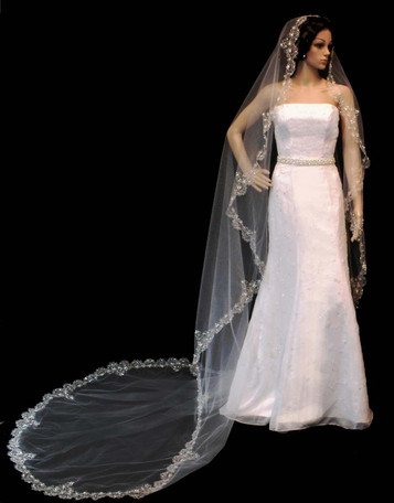 Noelle & Ava Collection -  108 Inches - Tasteful French Royal Style Silver Or Gold Thread Embroiders Design Accented With Swarovski Rhinestones, Pearls And Shiny Seed Beads - Silver Cathedral