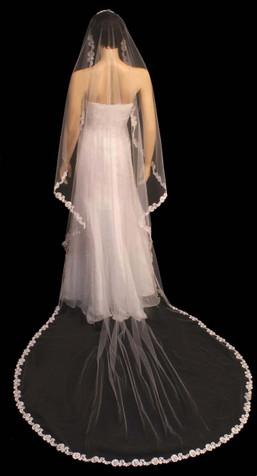 Noelle & Ava Collection -  120 Inches - Angelic French Lace Rose Designer Veil Accented With Silver Bugle Beads, Seed Beads And Sequins –Cathedral – Mantilla Full Circle