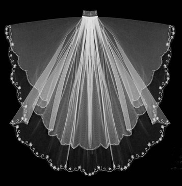 Noelle & Ava Collection - 36" Inches - Courteous Couture Veil Of Silver Thread Scalloped Cut With Crystal Centered Flower Decorated With Silver Bugle Beads & Seed Beads On Petals