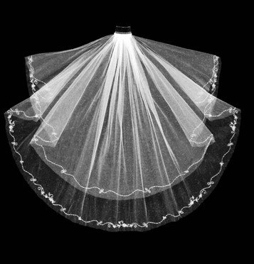 Noelle & Ava Collection - 36" Inches - Noteworthy Silver Thread Embroidered Waved Design With Rhinestone Centered Flowers, Silver Bugle Beads And Seed Beads Along The Looped Wave Line