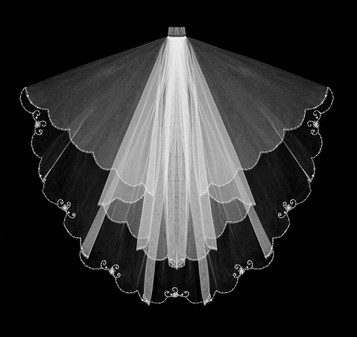 Noelle & Ava Collection - 36" Inches - Adorable Silver Thread Embroidered Scalloped Cut With Crystal Centered Flowers, Silver Bugle Beads, Seed Beads On Petals, Curls On Bottom Layer