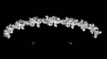 Noelle & Ava - Artistic Dimensional Head Band With Large Rhinestone And Floating Fresh Water Pearl On Rhinestone Encrusted Wave Bands