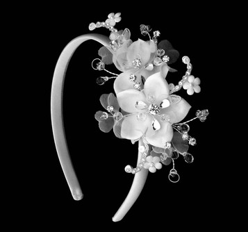 Noelle & Ava - 2-3/4"W - Modish Floral Side Band Of Layered Matte Satin And Gazar Flowers, With Hand-Twisted Crystal Floats & Rhinestone Twirls