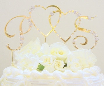 French Flower ~ Double Heart & Initials Crystal Accented Cake Topper