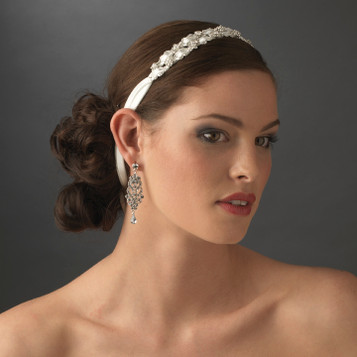 Stunning Crystal Flower Accented Bridal Ribbon Headband HP 6470 (White or Ivory)