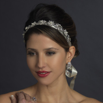 Antique Silver Crystal & Ivory Pearl Bridal Ribbon Headband Headpiece 931