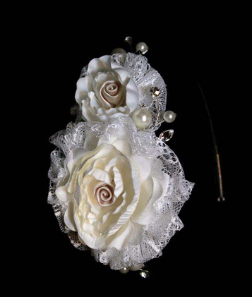Fanciful Side Band With Double Stylish, Multi Layered Flowers And Floating Marquise, Rhinestone & Pearl Accents