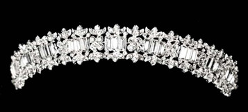 Noelle & Ava - Splendid Triple Baguette Tiara Spaced With Rhinestone Flowers, Edged With Double Rows Of Rhinestone Encrusted Leaves