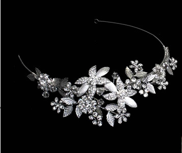 Noelle & Ava - Floral Side Band Of Rhinestone Flowers With Metallic Leaves Accented With Floating Crystals