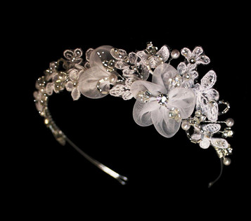 Noelle & Ava - Side Band With French Lace And Chiffon Flowers Accented With Rhinestones, Beads, Pearls And Bugle Beads