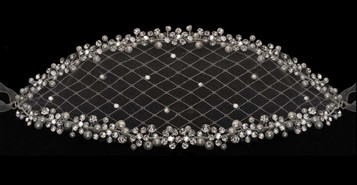 Noelle & Ava -Juliet Cap With Ribbon Tie. Hand Wired Rhinestone Flower With Pearl Accent. Scattered Rhinestones On Gridded Tulle