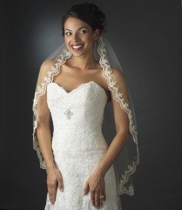 Intricate Single Layer Veil with Flower Embroidery Edge in Elbow Length V 591 1E