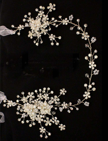 Noelle & Ava - Attractive Soft Band With Triple Flower Clusters, 3‘ Floating Rhinestone Flowers, Crystals And Pearls. Total 68"