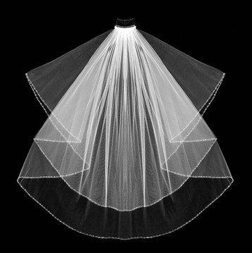 Noelle & Ava Collection - 30”/36”X72”W Couture Veil Of Alternating Long And Short Double Silver Bugle Beads Hand Sewn Along Edge, Folded & Half-Gathered