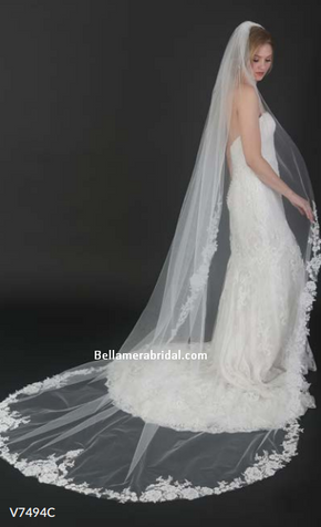 Bel Aire Wedding Veils V7415C - 2-tier foldover veil (elbow + cathedral)  with folded ribbon edge.