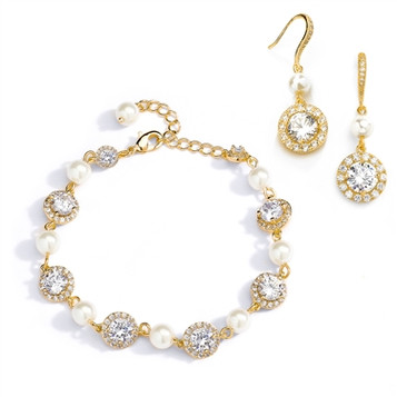 Ivory Pearl and Cubic Zirconia Bridal Bracelet and Earrings Set in 14K Gold
4580BS-I-G