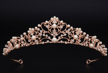 DS Bridal T56192- Rose Gold Tiara Rhinestone & Pearl - 3" H - Quick Ship