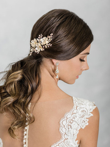 Bel Aire Bridal 6923 - Shimmering clip of metal flowers and champagne pearl sprays