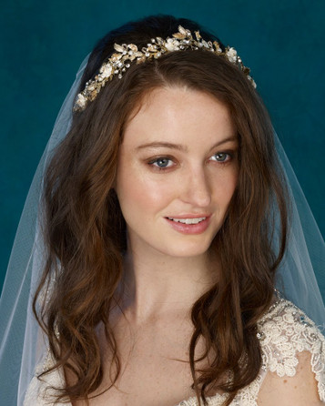 Marionat 8956 Gold wired band/vine with rhinestones, flowers, blush sequins, pearls and metal leaves