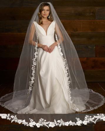 Marionat Bridal Veils 3792 - 130” inches -  Cut out floral lace with pearls and rhinestones.