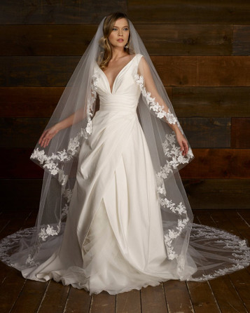 Marionat Bridal Veils 3788 - 120” Angel cut beaded lace veil with center appliqués, lace starts 14” down