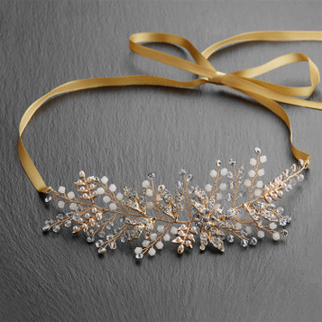 Gold Bridal Headband Vine with Clear and Opal Crystals on Antique Gold Ribbon
4608HB-G-G