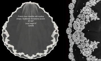 French Lace Mantilla with a Scallop Edge & Stones -  FC 3240 - 40" Inches