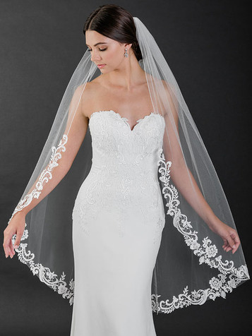 Bel Aire Bridal Veils V7456 - 1-tier fingertip veil with narrow edge of  pearls, beads, and rhinestones