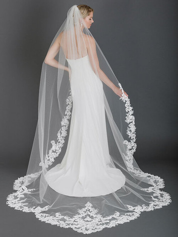 Bel Aire Wedding Veils V7415C - 2-tier foldover veil (elbow + cathedral)  with folded ribbon edge.