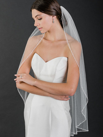 Bel Aire Bridal Veils V7503C Cut edge cathedral veil with crystals, pearls,  and beads