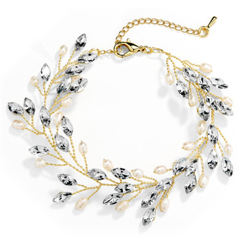 Mariell Gold Jeweled Bracelet with Crystal Gems, Freshwater Pearls, Adjustable 7" to 8 ½" 4597B-G