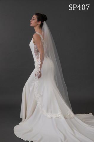 Alencon Lace Edge Cathedral Tulle Ivory Wedding Veil, Simple Long Bridal  Veil – Simibridaldresses