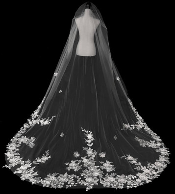 120x90 - Sophisticated Veil With 3D Floral Design - Accented With Rhinestones - Fast Ship